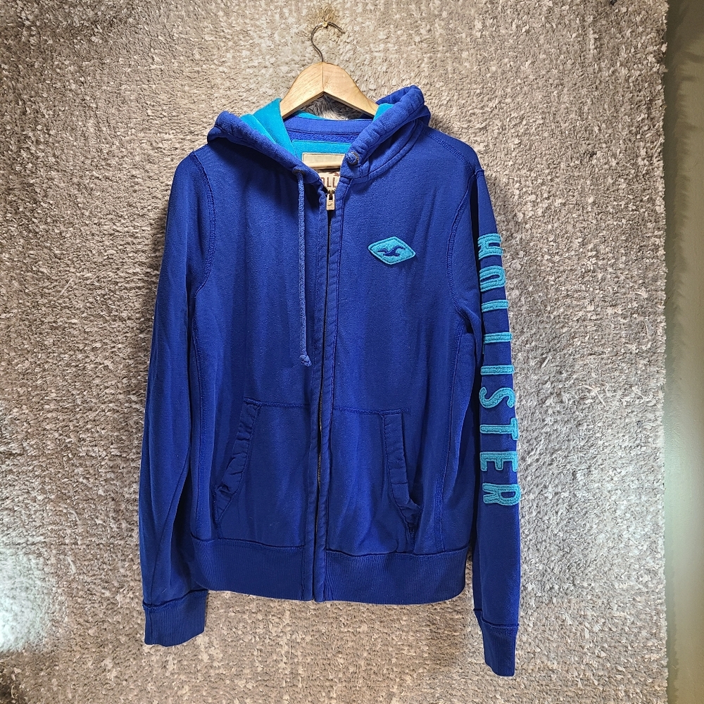 Hollister Hoodie Mens Medium Blue Full Zip Hoodie Spell‎ Out Y2K